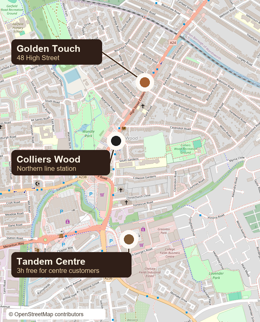 Map showing Golden Touch at 48 High Street north of Colliers Wood Northern line station, with Tandem Centre parking to the south